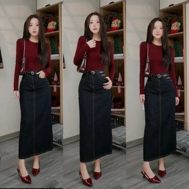 Chân váy jean suông dài 85‑90cm đỏ nâu vải đẹp xẻ sau tôn dáng - 189k