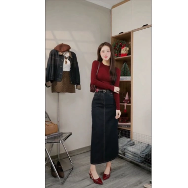 Chân váy jean suông dài 85‑90cm đỏ nâu vải đẹp xẻ sau tôn dáng - 189k