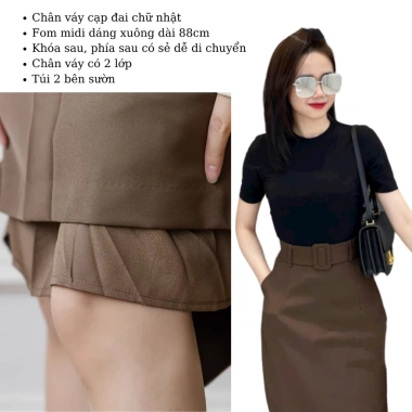 Chân váy midi dài 88cm 2 lớp, đai váy công sở Oxatyl CV57 - Giá chỉ 215.000₫