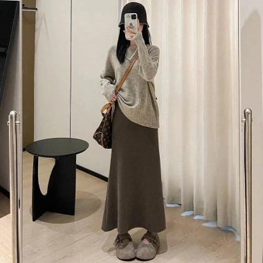 Chân váy midi dài nhung tăm lông thỏ, len thun đuôi cá co giãn công sở - 129k
