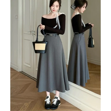 Chân váy xoè chữ A bồng bềnh công sở dài 85cm, túi chéo khóa, đai vitex