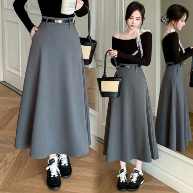 Chân váy xoè chữ A bồng bềnh công sở dài 85cm, túi chéo khóa, đai vitex 4