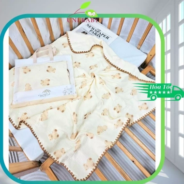 Chăn xô muslin 4 lớp sò viền len mềm mại cho bé sơ sinh – Uni Baby cao cấp, giá 180.000₫