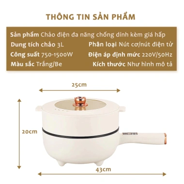 Chảo Điện Đa Năng 3L Chống Dính Tay Cầm Dài, Combo Điều Chỉnh Nhiệt Độ - Tiện Lợi, Giá Ưu Đãi 295k 4