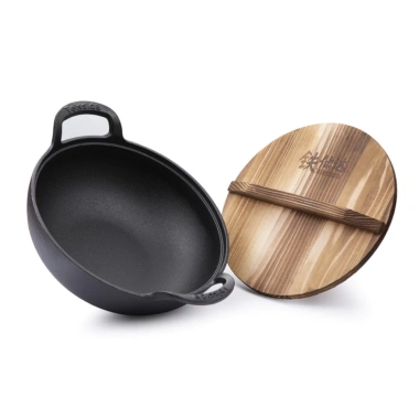 Chảo Nồi Gang Sâu Lòng Đúc Nguyên Khối 20-25cm, Tặng Vung Gỗ, Giá Ưu Đãi 95.800 VND