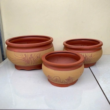 Chậu bonsai tròn gốm đất nung màu vàng tàu vẽ cảnh - 3 size, giá ưu đãi 395.000₫ 2