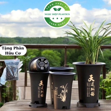 Chậu giả gốm TRUNG HOA – chậu nhựa cao trồng lan, kiểng lá, đen kèm đĩa, 38.000₫ 2