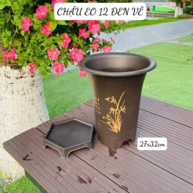 Chậu giả gốm TRUNG HOA – chậu nhựa cao trồng lan, kiểng lá, đen kèm đĩa, 38.000₫ 5