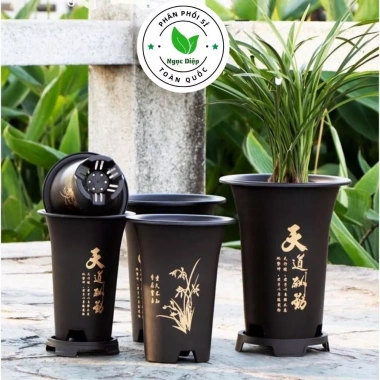 Chậu giả gốm TRUNG HOA – chậu nhựa cao trồng lan, kiểng lá, đen kèm đĩa, 38.000₫ 7