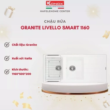 Chậu rửa bát Konox Livello Smart - 2 hố, thiết kế Châu Âu, giảm giá 15,89 triệu 2