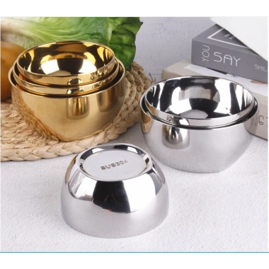 Chén inox 304 cách nhiệt 2 lớp Hàn Quốc trắng và vàng titan sáng bóng 300‑600ml