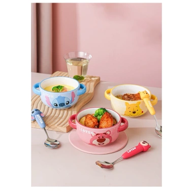 Chén Sứ Bát Sứ tay cầm 2 quai + Muỗng inox bọc nhựa Pooh Stitch Disney cao cấp giá 175k