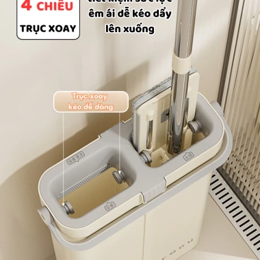Chổi Lau Nhà Tự Vắt 360 độ Siêu Mỏng 4 Hệ Thống kèm Thùng Giặt & 2 Khăn Lau 40cm