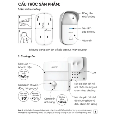 Chuông cửa không dây DB5 MPE 38 âm, không pin, đèn LED cảm biến ánh sáng - Giá 507.000đ 6