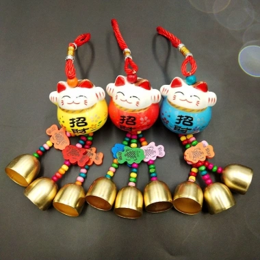 Chuông gió gốm sứ Mèo Thần Tài chữ Phúc mạ đồng, cầu tài lộc, treo ô tô, giá 19.000 VNĐ 3