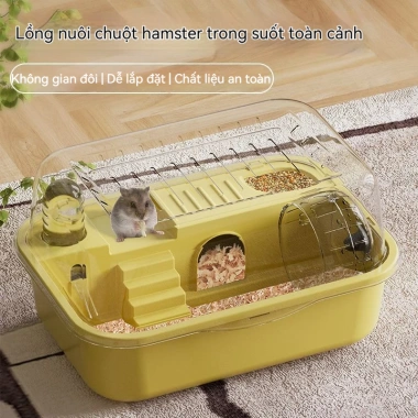 Chuồng hamster trong suốt 2 tầng bánh xe, nhựa PP an toàn, rộng dễ lau 36x26x20cm