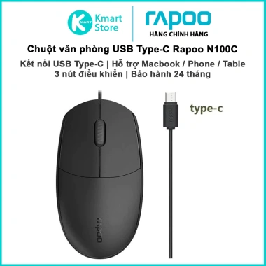 Chuột có dây Rapoo N100C USB Type‑C, tương thích Macbook, Phone, Tablet, bảo hành 24 tháng, chỉ 85.000₫