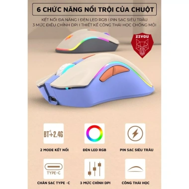 Chuột Gaming Không Dây PRO Ziyou H52 LED, Công Thái Học, BT5.1/2.4G, Pin 20 ngày - 234k