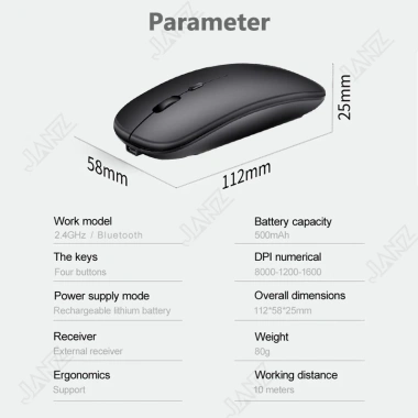 Chuột không dây Bluetooth 2.4GHz Quang học, sạc lại, siêu mỏng, im lặng cho laptop và tablet - Giá chỉ 73.700₫