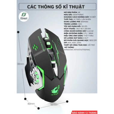 Chuột Không Dây Gaming Wolf X8 LED 7 Màu RGB, Pin Sạc Lâu, Giá 179.000 VND