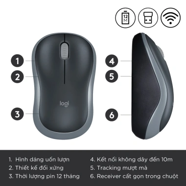 Chuột không dây Logitech B175 USB 2.4GHz, pin 1 năm, gọn nhẹ, thuận 2 tay, PC/Laptop, 219.000₫