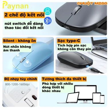 Chuột không dây M280 chống ồn, pin sạc, Bluetooth + USB 2.4GHz, độ trễ thấp, thiết kế gọn nhẹ – đa môi trường, tương thích Laptop PC Tablet, 59k