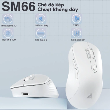 Chuột Không Dây SOLAKAKA SM66 Bluetooth 2.4G – Nút Êm Ái, 5 DPI, Pin 500mAh, 156k 3