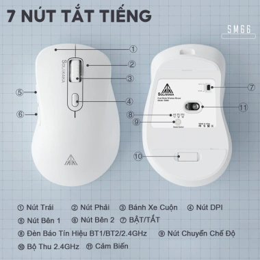 Chuột Không Dây SOLAKAKA SM66 Bluetooth 2.4G – Nút Êm Ái, 5 DPI, Pin 500mAh, 156k 8