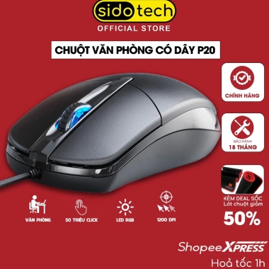 Chuột máy tính có dây SIDOTECH P20 Gaming Silent DPI 1.200, giá rẻ 93k, tắt âm, chống ồn cho laptop