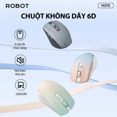 Chuột Quang Không Dây Tĩnh Âm ROBOT M370 3.200 DPI, Khoảng Cách 20m, Màu Hồng-Xám, Giá 159.000