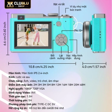 Clublu Máy Ảnh Retro 48MP Selfie Camera Kép Full HD Pin Lớn Đa Năng cho Học Sinh 390k 8