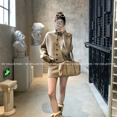 Cổ Đứng Ve Áo Len Dệt Kim - Set Áo Len & Half Dress Thời Trang Giá Ưu Đãi 135k