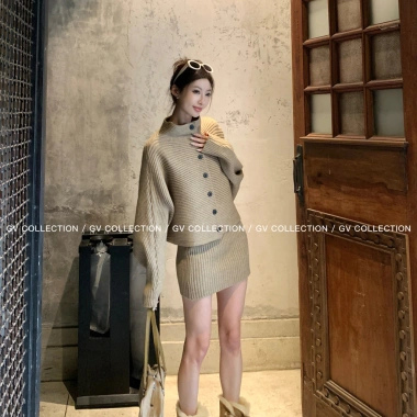 Cổ Đứng Ve Áo Len Dệt Kim - Set Áo Len & Half Dress Thời Trang Giá Ưu Đãi 135k