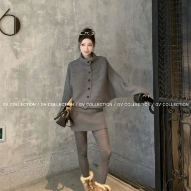 Cổ Đứng Ve Áo Len Dệt Kim - Set Áo Len & Half Dress Thời Trang Giá Ưu Đãi 135k
