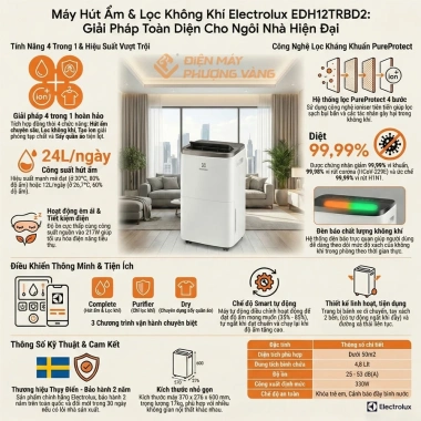 Có xuất VAT Máy hút ẩm Electrolux EDH12TRBD2 24L/ngày, lọc không khí, phòng dưới 50m2, bảo hành 2 năm, đổi mới 30 ngày