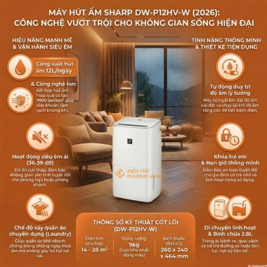Có xuất VAT Máy hút ẩm ion Sharp DW-P12HV-W 12L/ngày 28m2, BH 12 tháng, giá 4,9 triệu 2