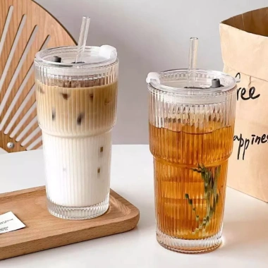 Cốc cà phê thủy tinh sọc 600ml có nắp & ống hút – Ly uống nước trong suốt, giá chỉ 59.400₫ 2