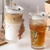 Cốc cà phê thủy tinh sọc 600ml có nắp & ống hút – Ly uống nước trong suốt, giá chỉ 59.400₫ 7