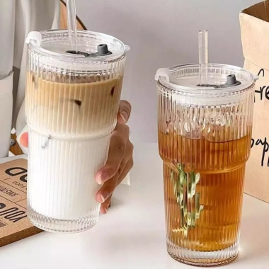 Cốc cà phê thủy tinh sọc 600ml có nắp & ống hút – Ly uống nước trong suốt, giá chỉ 59.400₫ 7
