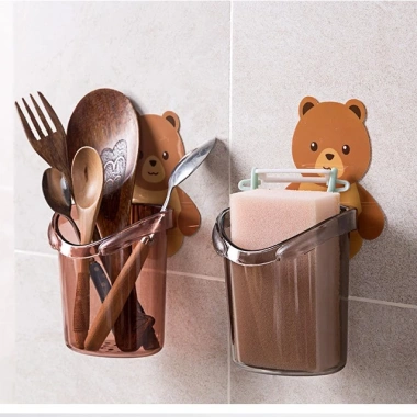 Cốc Đựng Đồ Dán Tường Hình Gấu cho Bàn Chải Đánh Răng Lỗ Thoát Nước Tiện Lợi