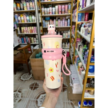 Cốc giữ nhiệt 700ml hình gấu trúc, nút bít, kèm móc khóa & túi đựng ly