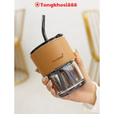 Cốc giữ nhiệt thủy tinh sang chảnh kèm bao da và ống hút - Ly cafe chịu nhiệt, phong cách