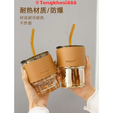 Cốc giữ nhiệt thủy tinh sang chảnh kèm bao da và ống hút - Ly cafe chịu nhiệt, phong cách