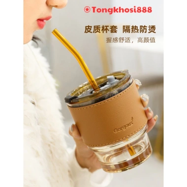 Cốc giữ nhiệt thủy tinh sang chảnh kèm bao da và ống hút - Ly cafe chịu nhiệt, phong cách