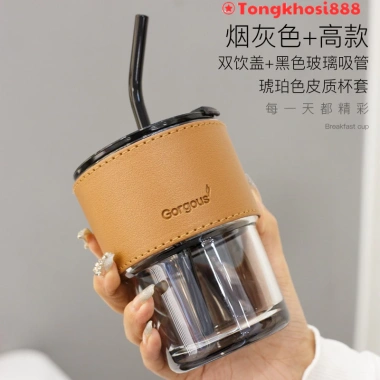 Cốc giữ nhiệt thủy tinh sang chảnh kèm bao da và ống hút - Ly cafe chịu nhiệt, phong cách