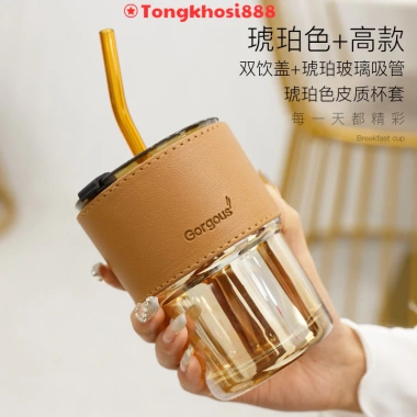 Cốc giữ nhiệt thủy tinh sang chảnh kèm bao da và ống hút - Ly cafe chịu nhiệt, phong cách