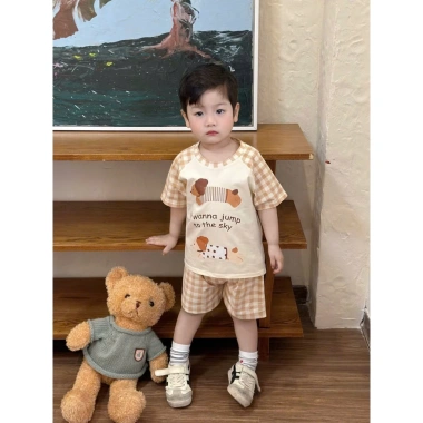 Cộc tay bé trai Cotton mềm mát Tone Nâu Kem, họa tiết Chó Puppy Siêu Cưng Size 7-25kg Giá 165k 4