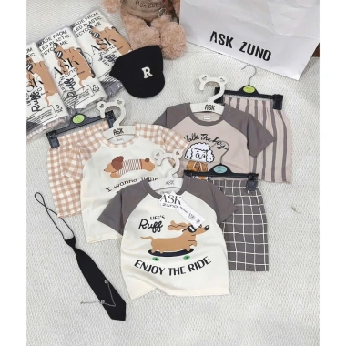 Cộc tay bé trai Cotton mềm mát Tone Nâu Kem, họa tiết Chó Puppy Siêu Cưng Size 7-25kg Giá 165k 6