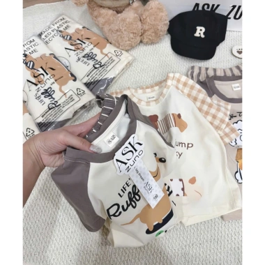 Cộc tay bé trai Cotton mềm mát Tone Nâu Kem, họa tiết Chó Puppy Siêu Cưng Size 7-25kg Giá 165k 9