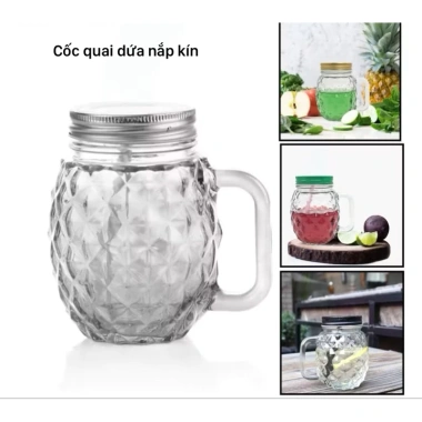 Cốc thủy tinh 500ml quai hình quả dứa dày dặn, kèm nắp nhôm - Thiết kế độc đáo, giá ưu đãi 19.500đ